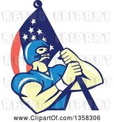 Vector Clip Art of Retro Cartoon White Male Gridiron American Football Player Carrying an American Flag by Patrimonio