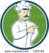 Vector Clip Art of Retro Cartoon White Male Head Chef with a Mustache, Pointing in a Blue White and Green Circle by Patrimonio