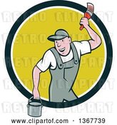 Vector Clip Art of Retro Cartoon White Male House Painter Holding a Bucket and a Brush, Emerging from a Circle by Patrimonio