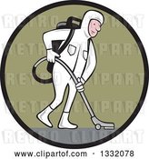 Vector Clip Art of Retro Cartoon White Male Industrial Janitor Wearing a Biohazard Suit and Vacuuming with a Back Pack in a Black and Green Circle by Patrimonio