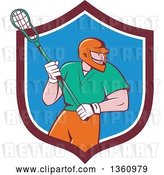 Vector Clip Art of Retro Cartoon White Male Lacrosse Player with a Stick in a Maroon White and Blue Shield by Patrimonio