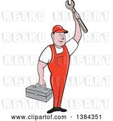 Vector Clip Art of Retro Cartoon White Male Mechanic Holding a Tool Box and Wrench by Patrimonio