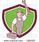 Vector Clip Art of Retro Cartoon White Male Mechanic Holding a Tool Box and Wrench in a Shield by Patrimonio