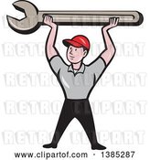 Vector Clip Art of Retro Cartoon White Male Mechanic Holding up a Giant Spanner Wrench by Patrimonio