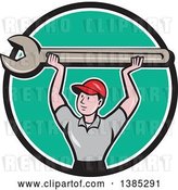 Vector Clip Art of Retro Cartoon White Male Mechanic Holding up a Giant Spanner Wrench in a Black White and Turquoise Circle by Patrimonio