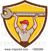 Vector Clip Art of Retro Cartoon White Male Mechanic Holding up a Giant Spanner Wrench in a Brown White and Yellow Shield by Patrimonio