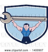 Vector Clip Art of Retro Cartoon White Male Mechanic Squatting and Holding up a Giant Spanner Wrench in a Blue and White Shield by Patrimonio