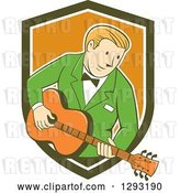 Vector Clip Art of Retro Cartoon White Male Musician Playing a Guitar and Emerging from a Green White and Orange Shield by Patrimonio