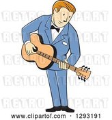 Vector Clip Art of Retro Cartoon White Male Musician Playing a Guitar and Wearing a Blue Suit by Patrimonio