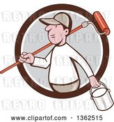 Vector Clip Art of Retro Cartoon White Male Painter Carrying a Can and a Roller Brush over His Shoulder, Emerging from a Brown White and Gray Circle by Patrimonio