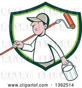Vector Clip Art of Retro Cartoon White Male Painter Carrying a Can and a Roller Brush over His Shoulder, Emerging from a Green and White Shield by Patrimonio