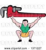 Vector Clip Art of Retro Cartoon White Male Plumber Bodybuilder Doing Squats with a Giant Monkey Wrench by Patrimonio