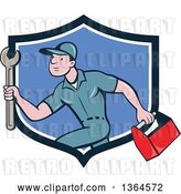 Vector Clip Art of Retro Cartoon White Male Plumber Carrying a Monkey Wrench and Tool Box in a Blue and White Shield by Patrimonio