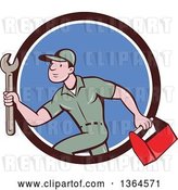 Vector Clip Art of Retro Cartoon White Male Plumber Carrying a Monkey Wrench and Tool Box in a Brown White and Blue Circle by Patrimonio