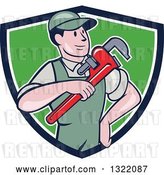 Vector Clip Art of Retro Cartoon White Male Plumber Holding a Giant Monkey Wrench in a Blue White and Green Shield by Patrimonio