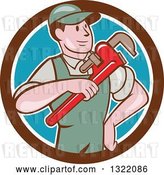 Vector Clip Art of Retro Cartoon White Male Plumber Holding a Giant Monkey Wrench in a Brown White and Blue Circle by Patrimonio