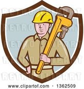 Vector Clip Art of Retro Cartoon White Male Plumber Holding a Giant Monkey Wrench in a Brown White and Pastel Blue Shield by Patrimonio