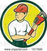 Vector Clip Art of Retro Cartoon White Male Plumber Holding a Giant Monkey Wrench in a Green White and Yellow Circle by Patrimonio