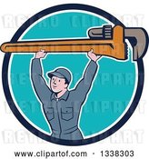 Vector Clip Art of Retro Cartoon White Male Plumber Holding a Giant Monkey Wrench over His Head, Emerging from a Blue and White Circle by Patrimonio