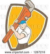 Vector Clip Art of Retro Cartoon White Male Plumber Holding a Monkey Wrench in a Brown White and Orange Shield by Patrimonio