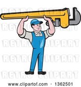 Vector Clip Art of Retro Cartoon White Male Plumber Holding up a Giant Monkey Wrench by Patrimonio