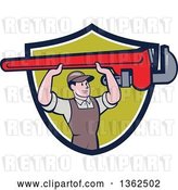 Vector Clip Art of Retro Cartoon White Male Plumber Holding up a Giant Monkey Wrench in a Navy Blue, White and Green Shield by Patrimonio