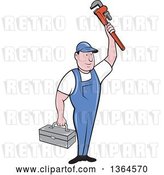 Vector Clip Art of Retro Cartoon White Male Plumber Holding up a Monkey Wrench and Tool Box by Patrimonio