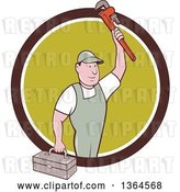 Vector Clip Art of Retro Cartoon White Male Plumber Holding up a Monkey Wrench and Tool Box in a Brown White and Green Circle by Patrimonio