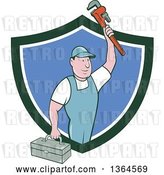 Vector Clip Art of Retro Cartoon White Male Plumber Holding up a Monkey Wrench and Tool Box in a Green White and Blue Shield by Patrimonio