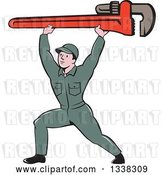 Vector Clip Art of Retro Cartoon White Male Plumber Lunging and Holding a Giant Monkey Wrench over His Head by Patrimonio