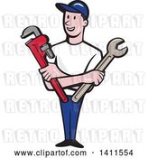 Vector Clip Art of Retro Cartoon White Male Plumber, Mechanic or Handyman Holding Monkey and Spanner Wrenches in Folded Arms by Patrimonio
