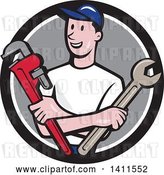 Vector Clip Art of Retro Cartoon White Male Plumber, Mechanic or Handyman Holding Monkey and Spanner Wrenches in Folded Arms, in a Black White and Gray Circle by Patrimonio
