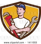 Vector Clip Art of Retro Cartoon White Male Plumber, Mechanic or Handyman Holding Monkey and Spanner Wrenches in Folded Arms in a Brown White and Yellow Shield by Patrimonio