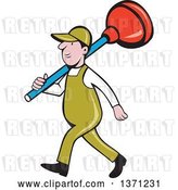 Vector Clip Art of Retro Cartoon White Male Plumber Walking with a Giant Plunger over His Shoulders by Patrimonio