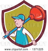 Vector Clip Art of Retro Cartoon White Male Plumber with a Giant Plunger over His Shoulder, Emerging from a Shield by Patrimonio