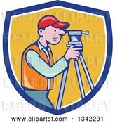 Vector Clip Art of Retro Cartoon White Male Surveyor Using a Theodolite in a Blue White and Yellow Shield by Patrimonio