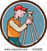 Vector Clip Art of Retro Cartoon White Male Surveyor Using a Theodolite in a Brown White and Blue Circle by Patrimonio