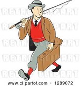 Vector Clip Art of Retro Cartoon White Male Tourist Walking and Carrying a Suitcase and Fly Fishing Rod by Patrimonio