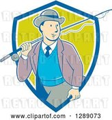Vector Clip Art of Retro Cartoon White Male Tourist Walking with a Fly Fishing Rod over His Shoulder in a Blue White and Green Shield by Patrimonio