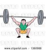 Vector Clip Art of Retro Cartoon White Strongman Bodybuilder Lifting a Barbell over His Head and Doing Squats by Patrimonio