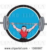 Vector Clip Art of Retro Cartoon White Strongman Bodybuilder Lifting a Barbell over His Head, and Doing Squats, Emerging from a Black White and Blue Circle by Patrimonio