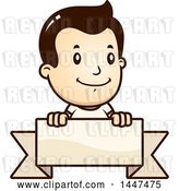 Vector Clip Art of Retro Cartoon White White Boy Smiling over a Blank Ribbon Banner by Cory Thoman