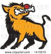 Vector Clip Art of Retro Cartoon Wild Boar Pig with a Bone in Its Mouth, with a Gray Outline by Patrimonio
