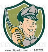 Vector Clip Art of Retro Cartoon Winking Gas Station Attendant Jockey Holding a Nozzle in a Green and White Shield by Patrimonio