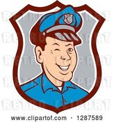 Vector Clip Art of Retro Cartoon Winking White Male Police Officer in a Brown White and Gray Shield by Patrimonio