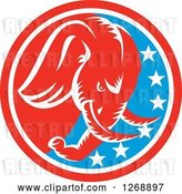 Vector Clip Art of Retro Cartoon Woodcut Angry Elephant in a Red White and Blue Circle with Stars by Patrimonio