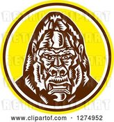Vector Clip Art of Retro Cartoon Woodcut Angry Gorilla Head in a Yellow Brown and White Circle by Patrimonio