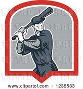 Vector Clip Art of Retro Cartoon Woodcut Baseball Player Batter in a Shield by Patrimonio