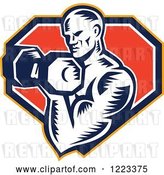 Vector Clip Art of Retro Cartoon Woodcut Male Bodybuilder Doing Bicep Curls with a Dumbbell over a Shield by Patrimonio