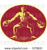 Vector Clip Art of Retro Cartoon Woodcut Male Bodybuilder Working out with Kettlebells in a Yellow and Red Oval by Patrimonio